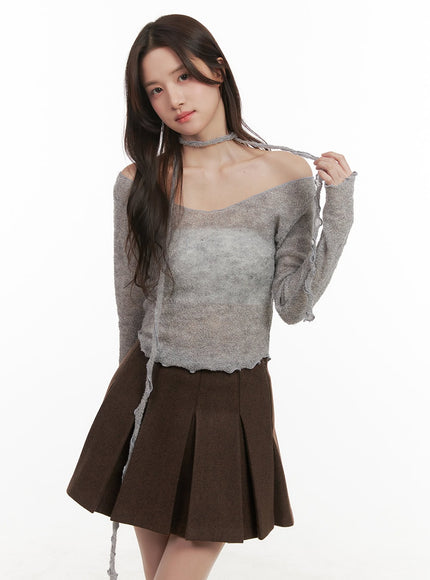 see-through-off-shoulder-top-with-tie-set-ij510 / Gray