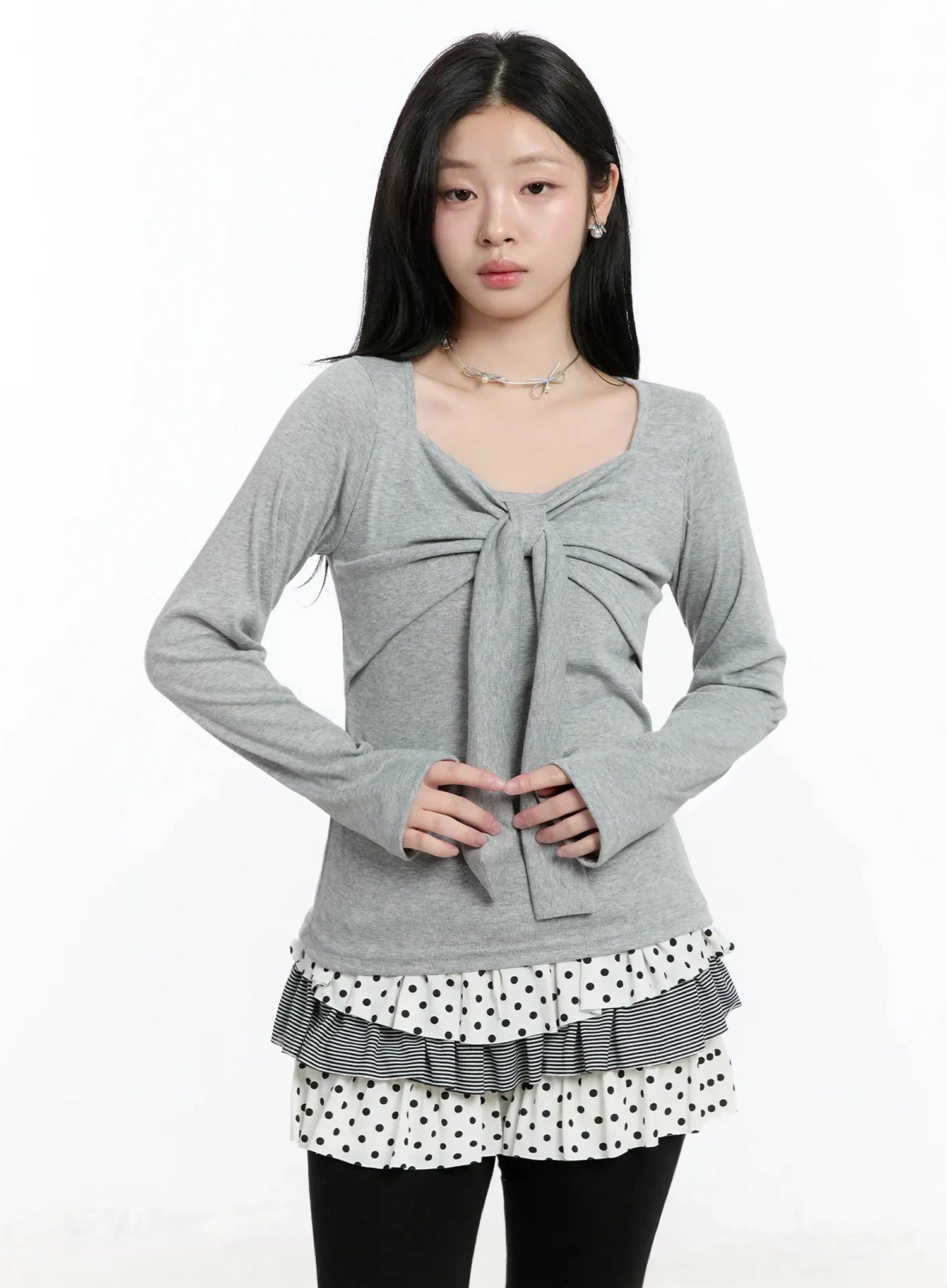 bow-tie-long-sleeve-top-im519 / Gray