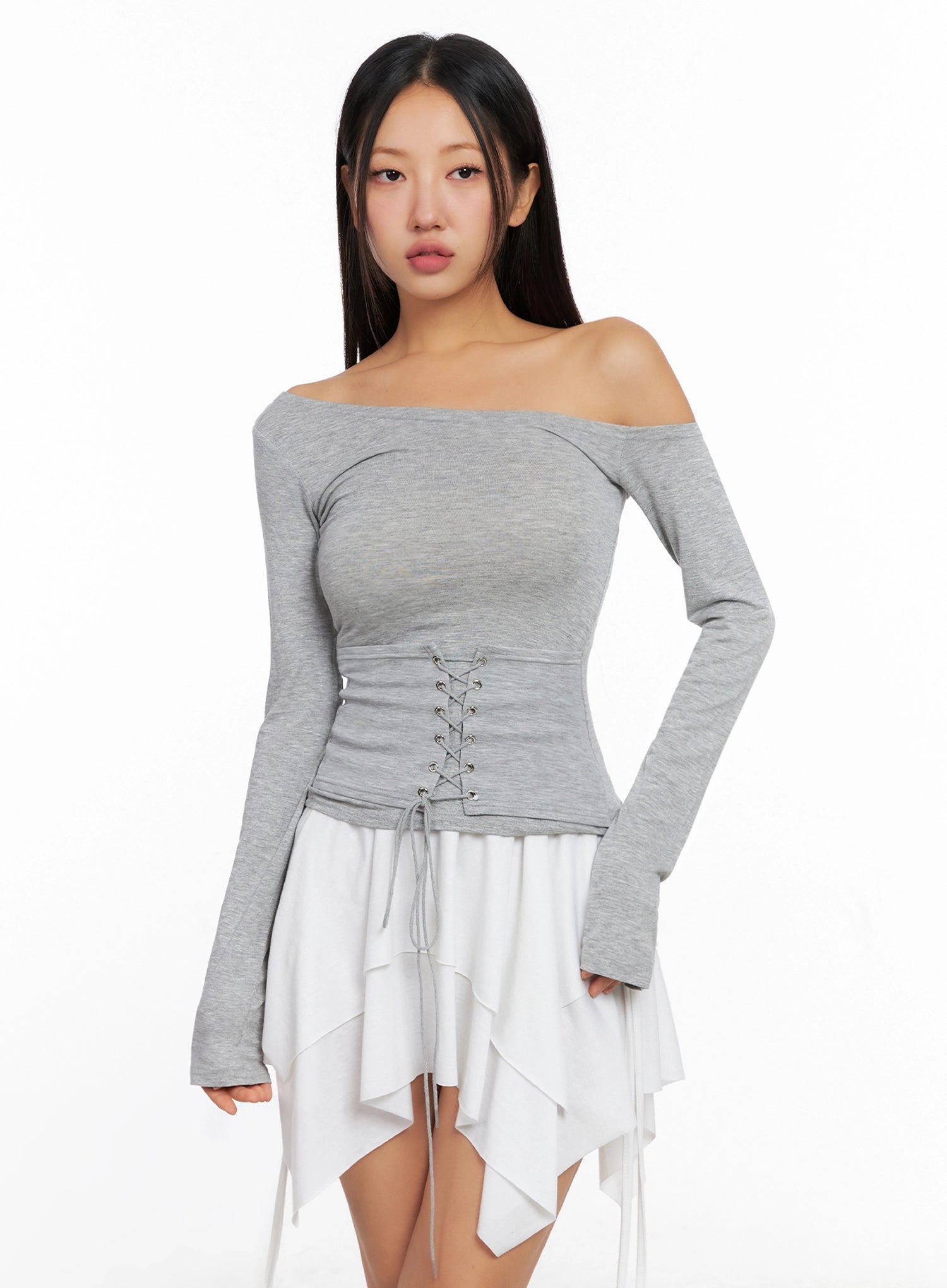 off-shoulder-lace-up-corset-blouse-ig528 / Gray