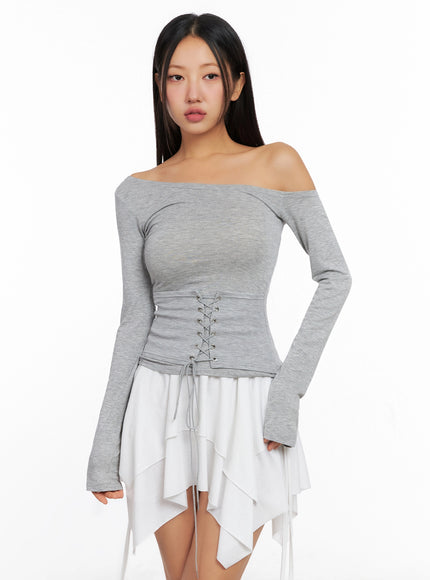 off-shoulder-lace-up-corset-blouse-ig528 / Gray