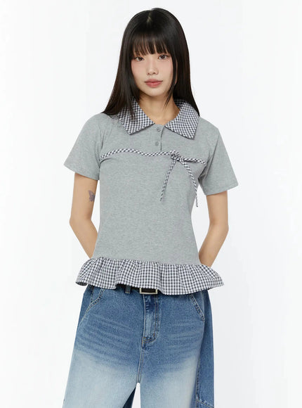 frill-trim-collar-top-cu515 / Gray