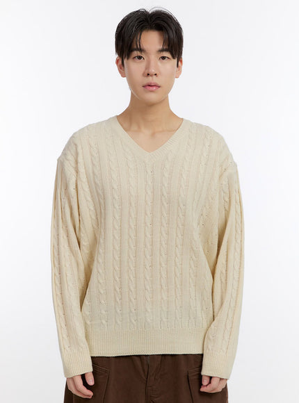 mens-cable-knit-v-neck-sweater-if528 / Light beige