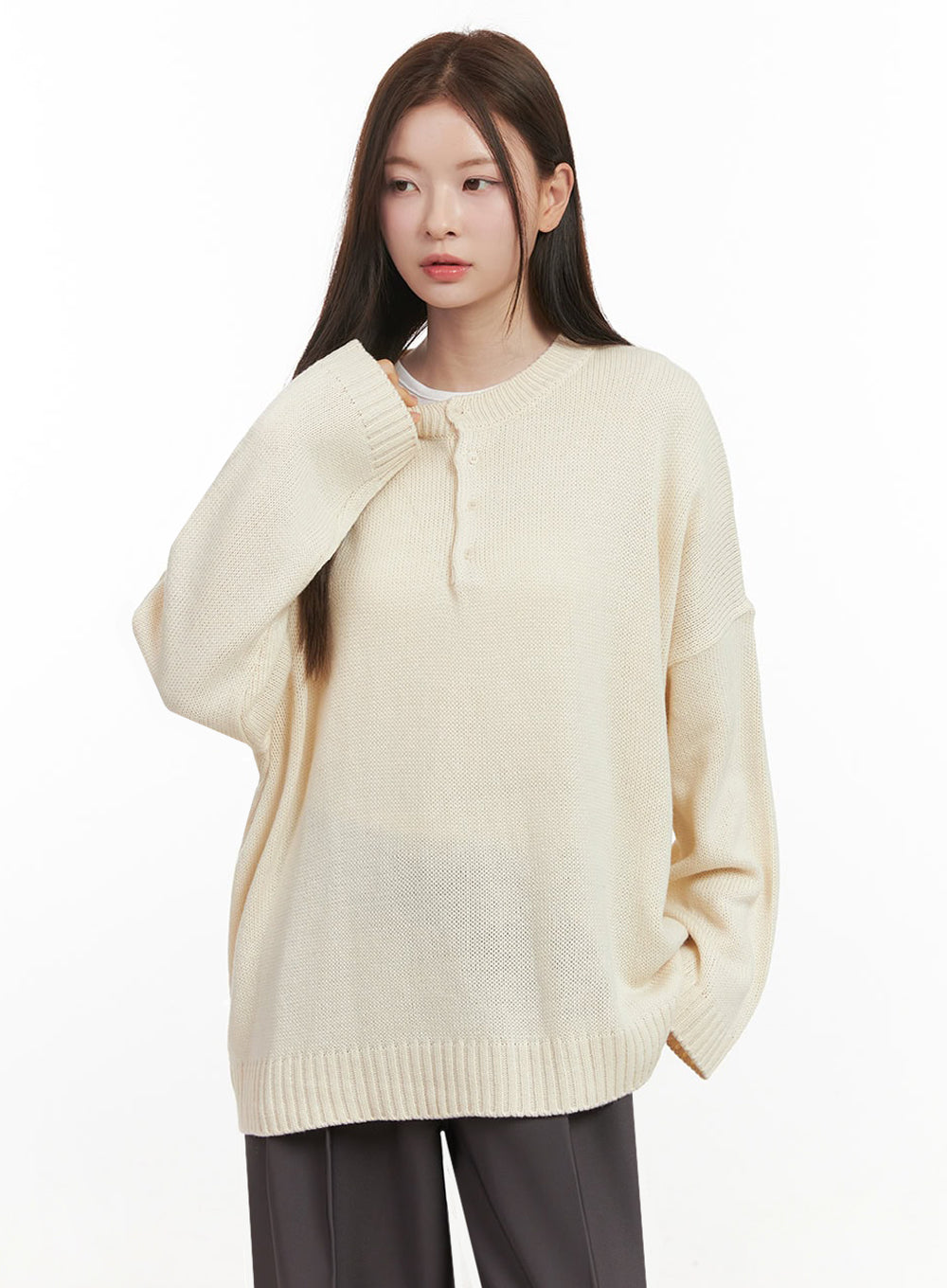 oversized-half-button-sweater-ij527 / Light beige