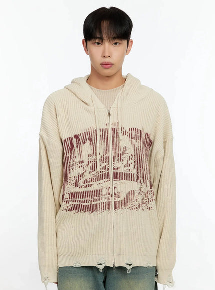 mens-laser-printed-knit-hooded-zip-up-in525 / Light beige