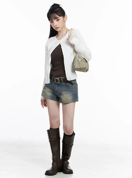 ribbed-knit-round-neck-cardigan-iy515 / Light beige
