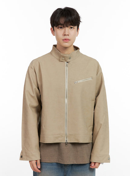 mens-faux-leather-buttoned-coat-in422 / Light beige