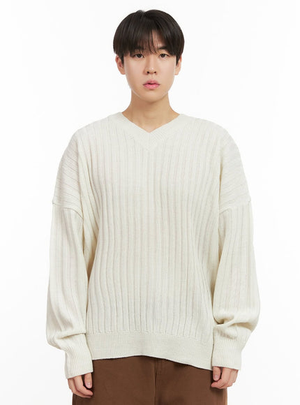 mens-loose-fit-v-neck-sweater-ij517 / Light beige