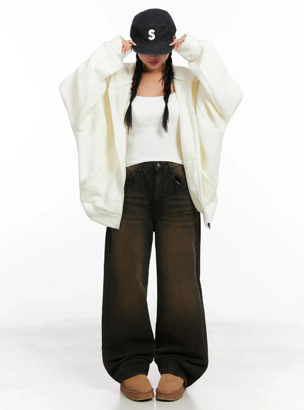 oversized-fleece-zip-up-hoodie-in528 / Light beige