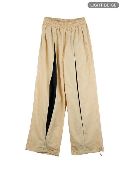 mens-banded-mixed-color-nylon-wide-pants-is413 / Light beige