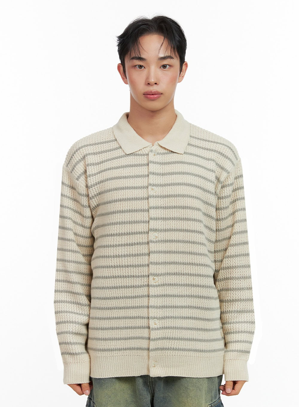 mens-striped-collared-sweater-in426 / Light beige