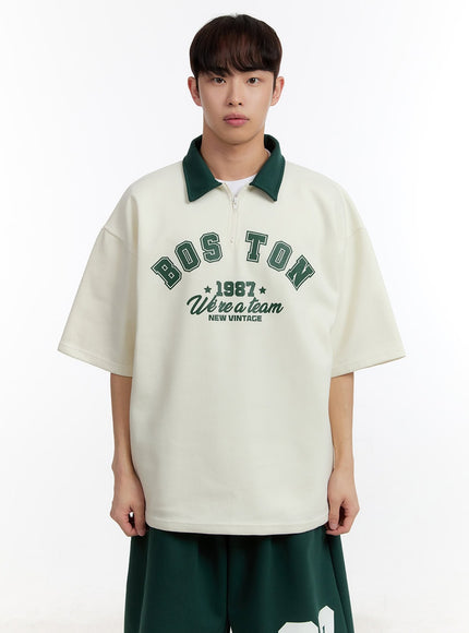 mens-oversized-half-zip-collared-sweatshirt-ia504 / Light beige