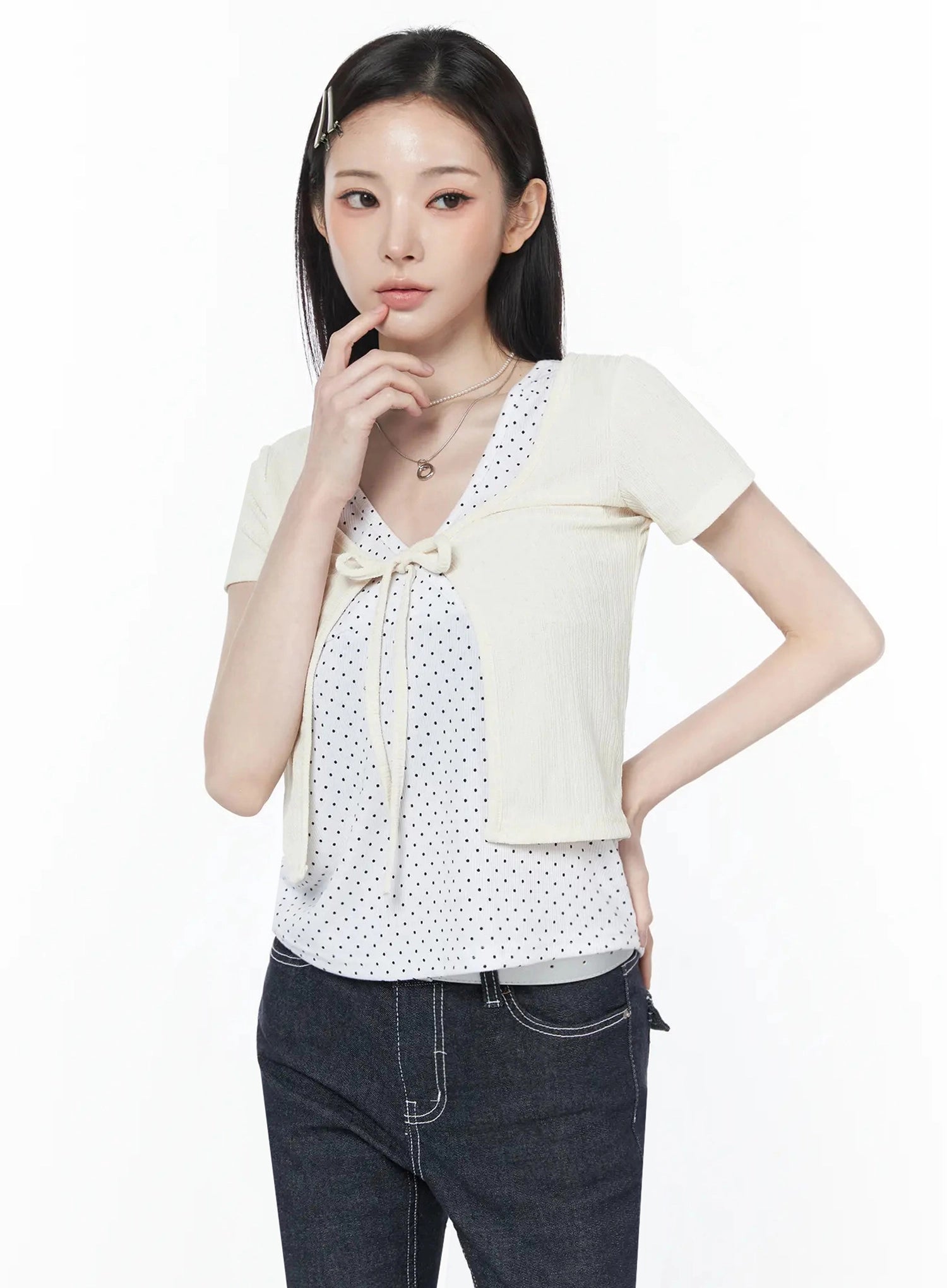 short-sleeve-tie-cardigan-iu512 / Light beige