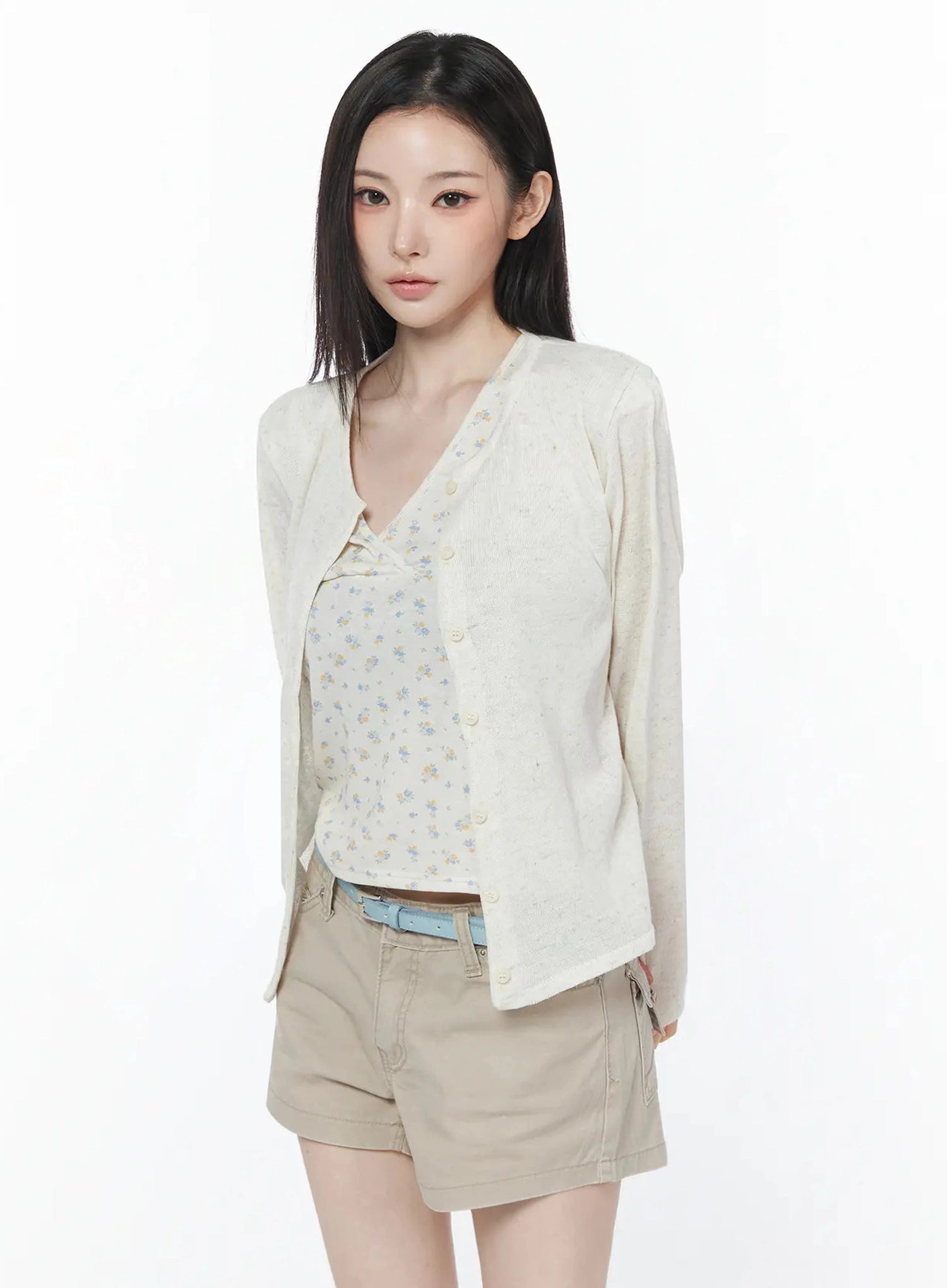 linen-round-neck-cardigan-iu512 / Light beige