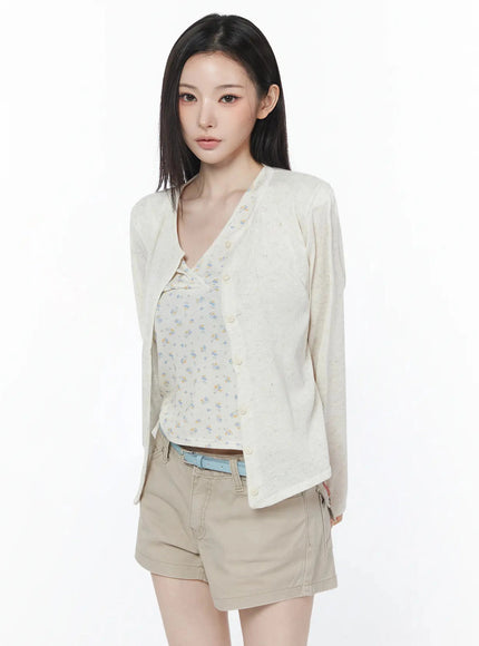 linen-round-neck-cardigan-iu512 / Light beige