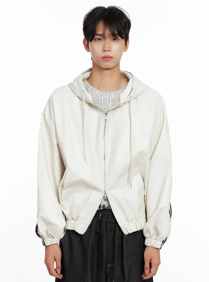 mens-faux-leather-track-hooded-jacket-io517 / Light beige