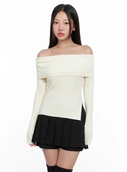 ribbed-folded-off-shoulder-top-ig527 / Light beige