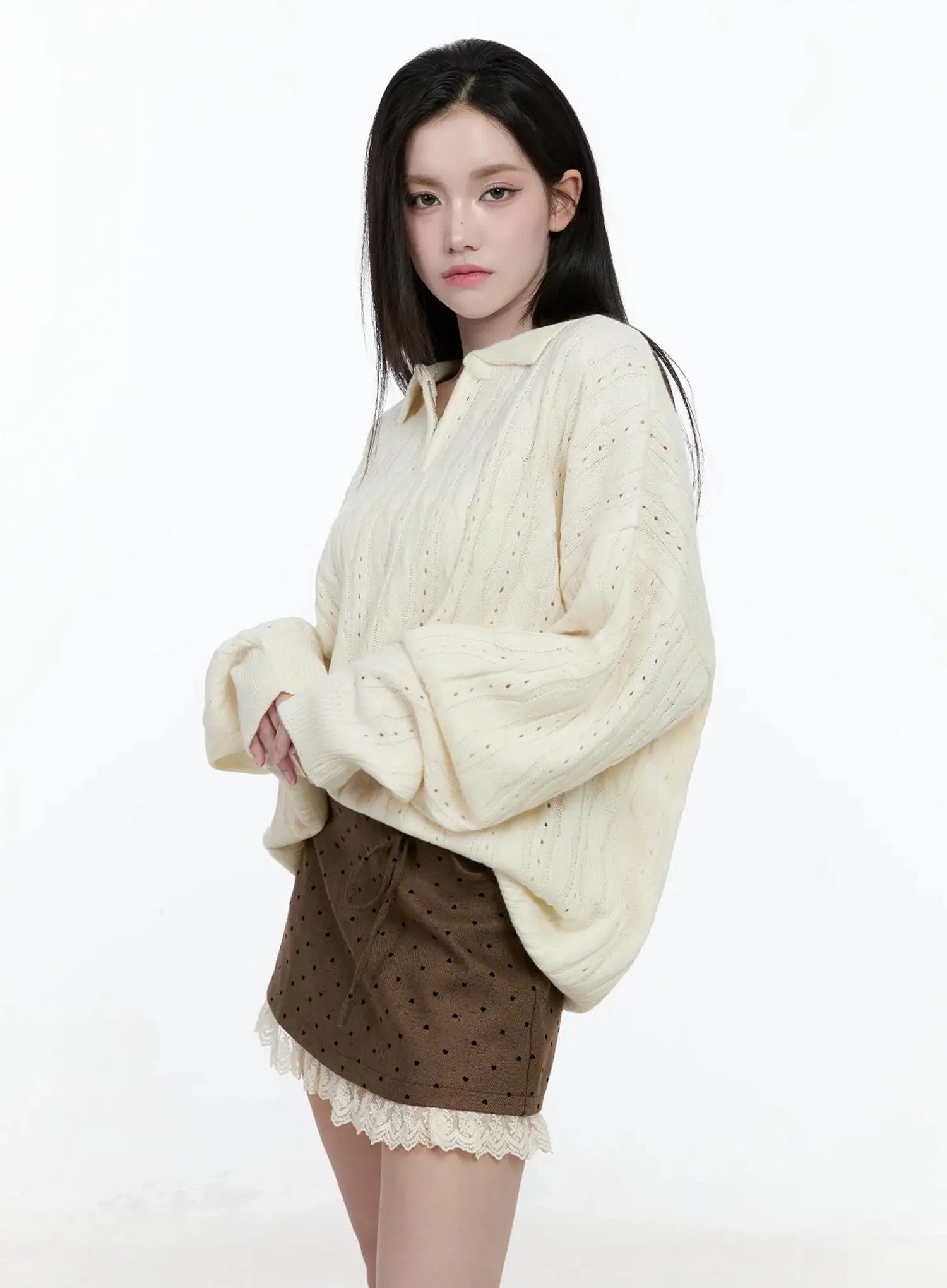 cable-knit-half-zip-sweater-io520 / Light beige