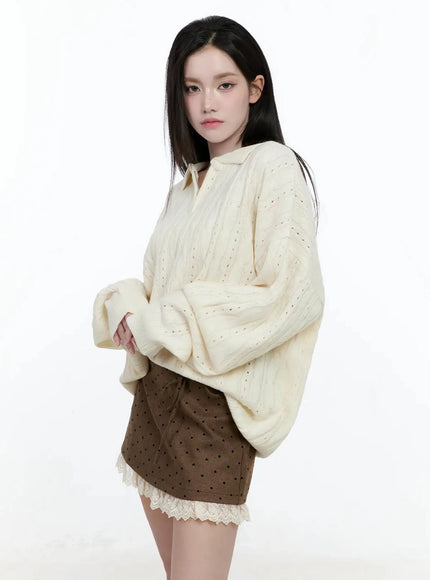 cable-knit-half-zip-sweater-io520 / Light beige