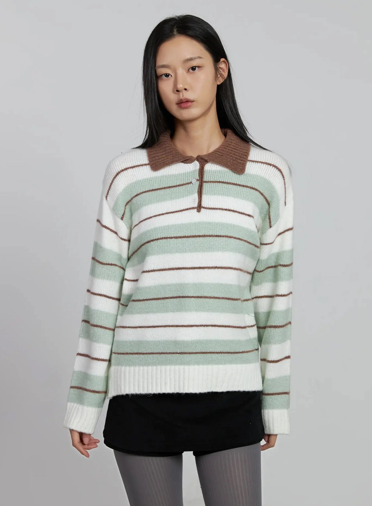 buttoned-collar-striped-knit-sweater-im520 / Light beige