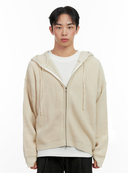 mens-double-zip-hooded-sweater-in426 / Light beige
