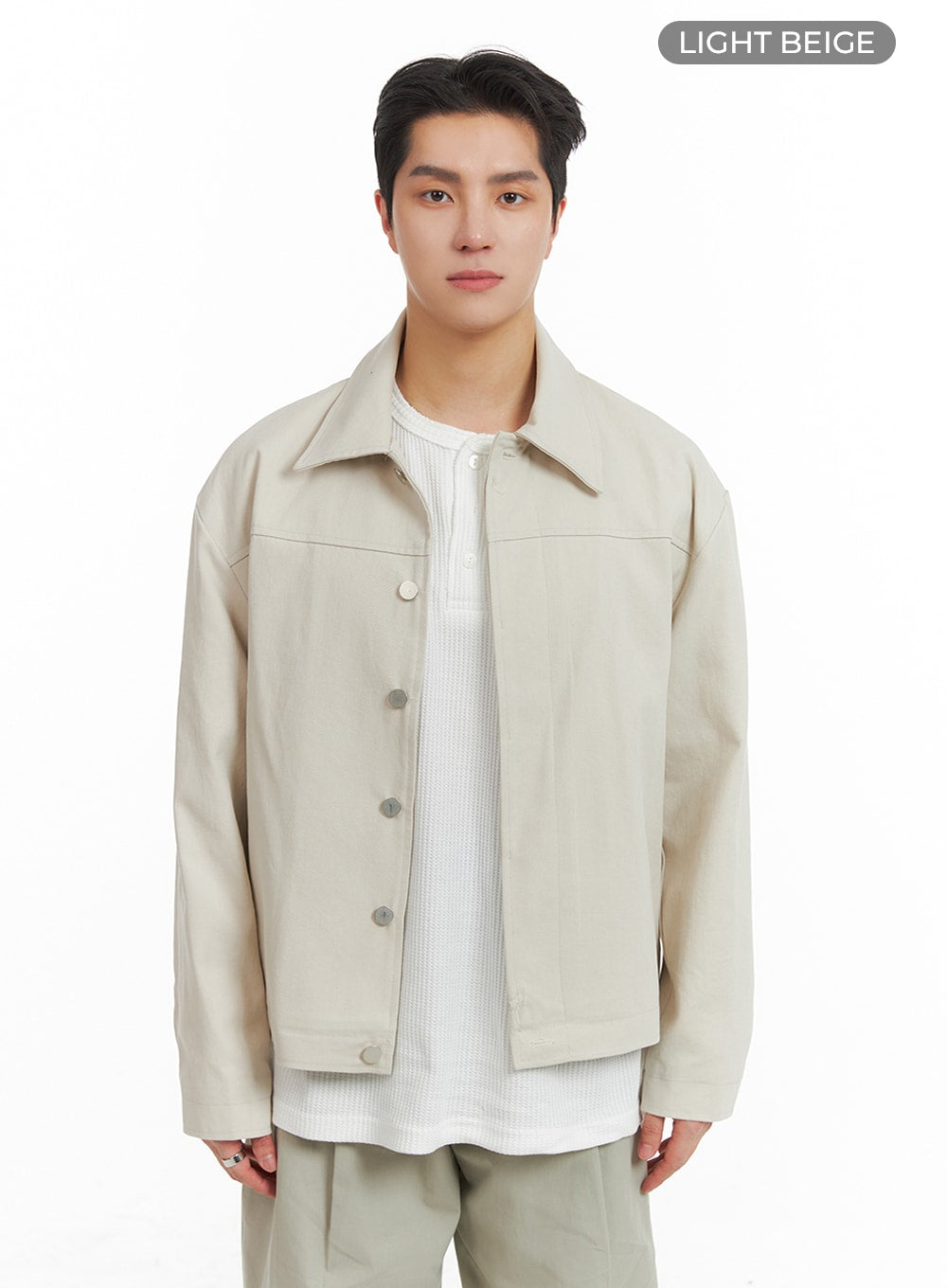 mens-basic-cotton-collar-buttoned-jacket-ia401 / Light beige