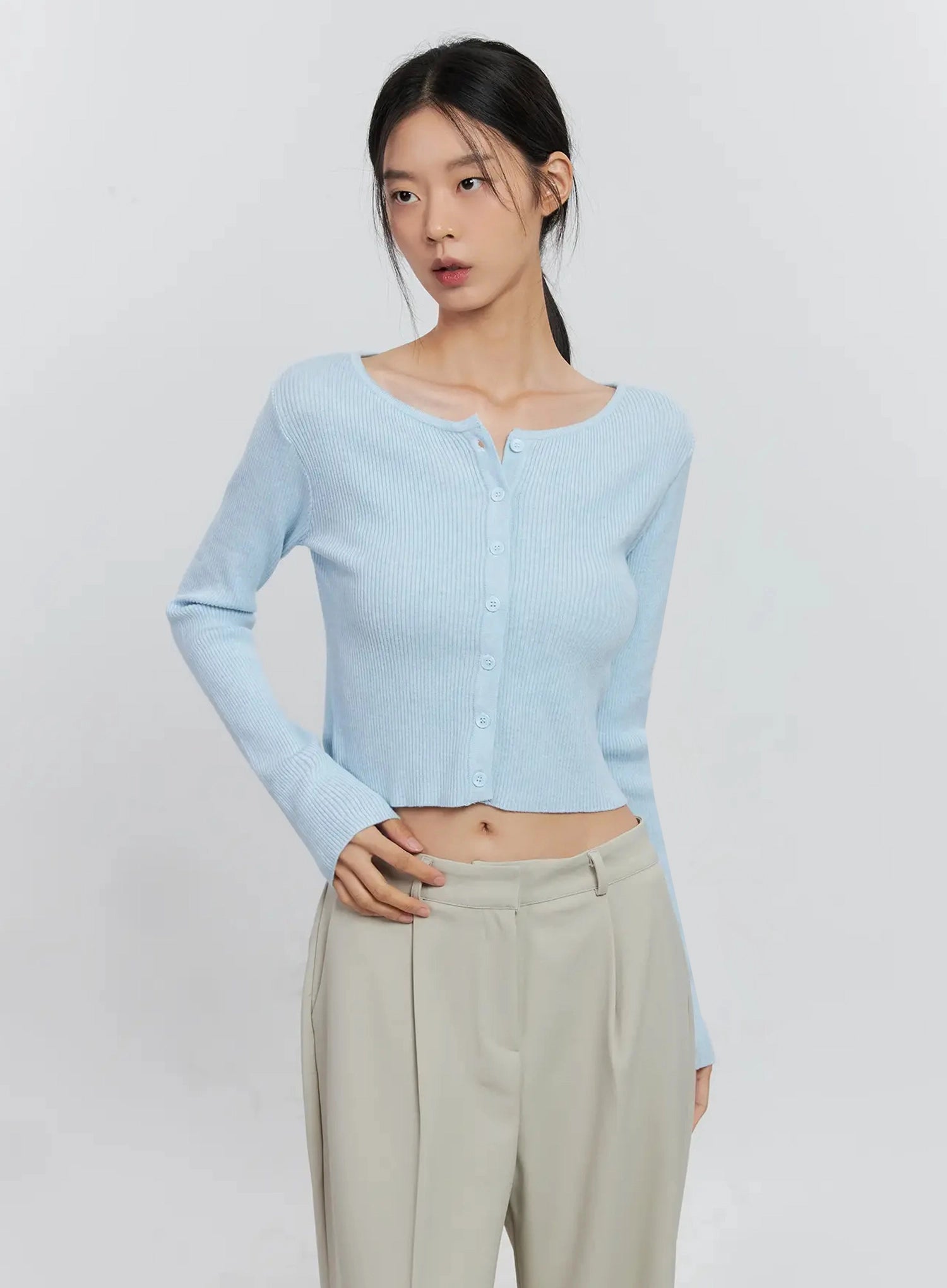 ribbed-button-up-cardigan-is516 / Light blue