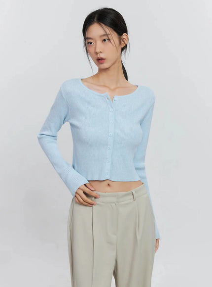 ribbed-button-up-cardigan-is516 / Light blue