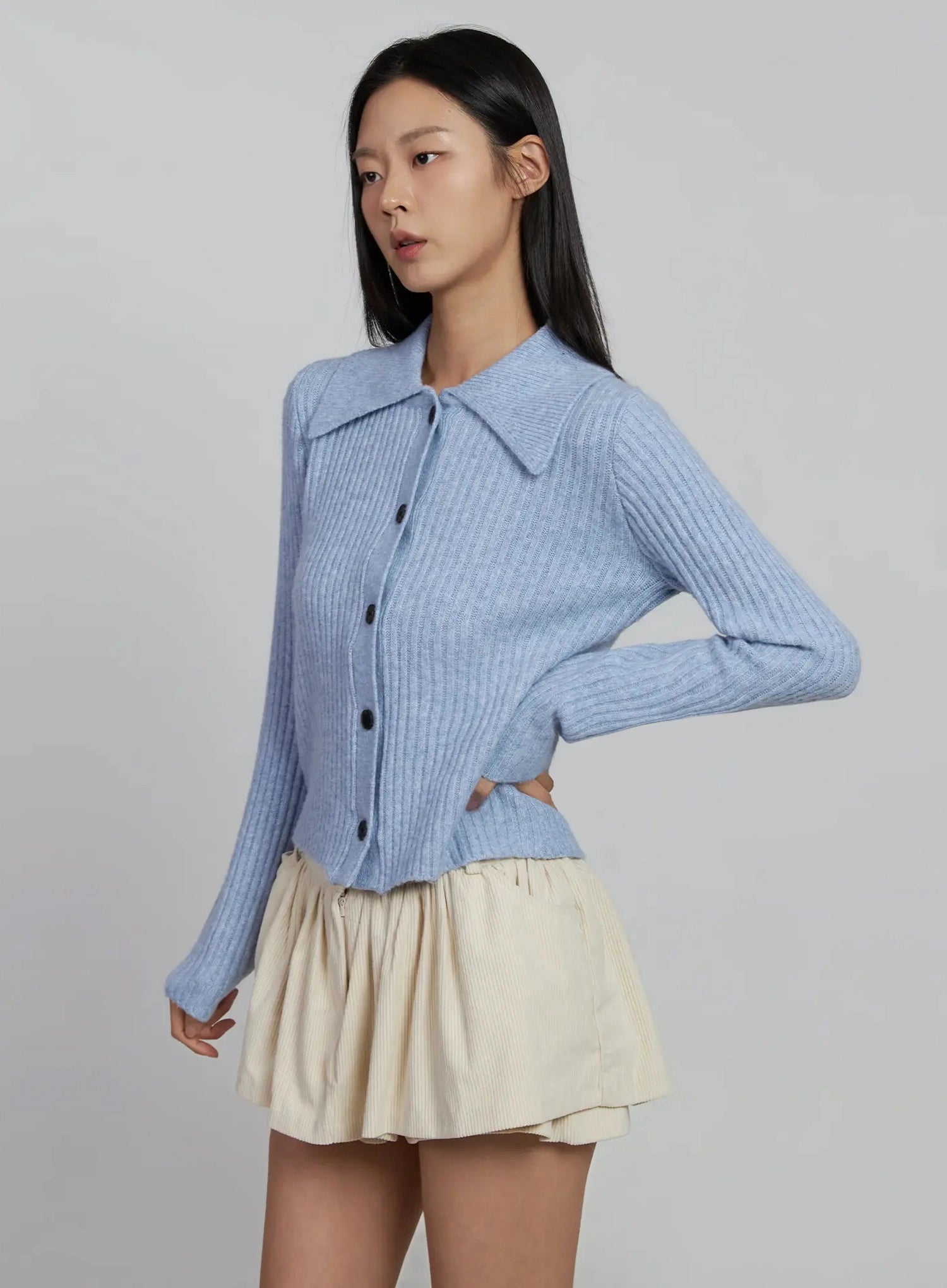 ribbed-knit-button-up-cardigan-im520 / Light blue