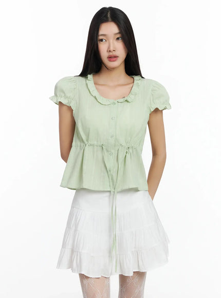 ruffled-ribbon-tie-short-sleeve-blouse-im530 / Light green