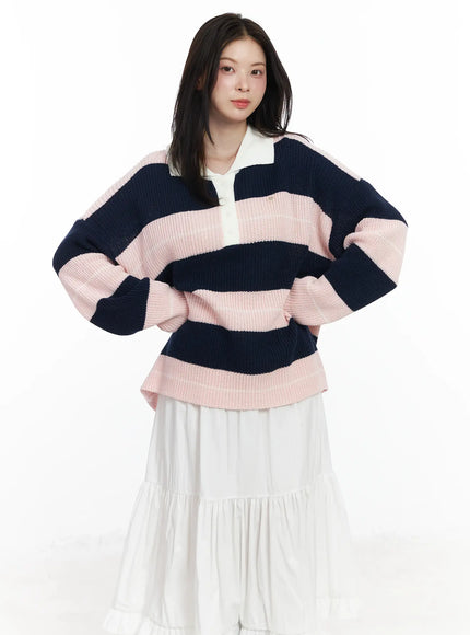 oversized-striped-knit-pullover-sweater-if520 / Light pink