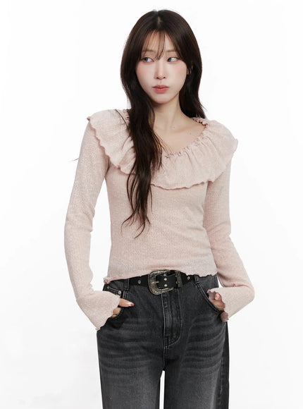 frilled-off-shoulder-long-sleeve-top-in514 / Pink