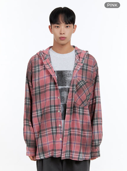 mens-oversize-checkered-cotton-hooded-shirt-is413 / Pink