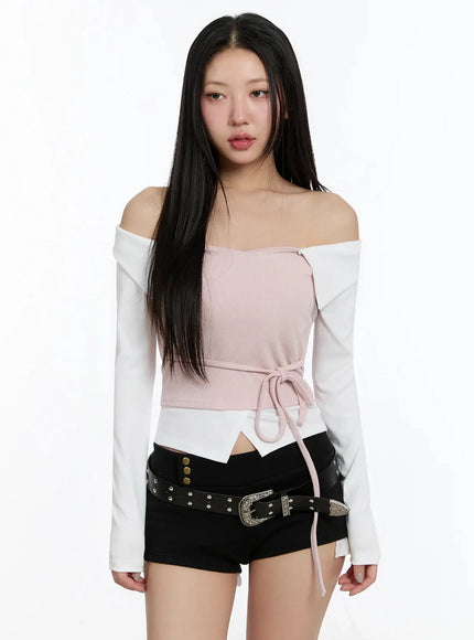 ribbon-tie-collared-off-shoulder-top-im509 / Pink