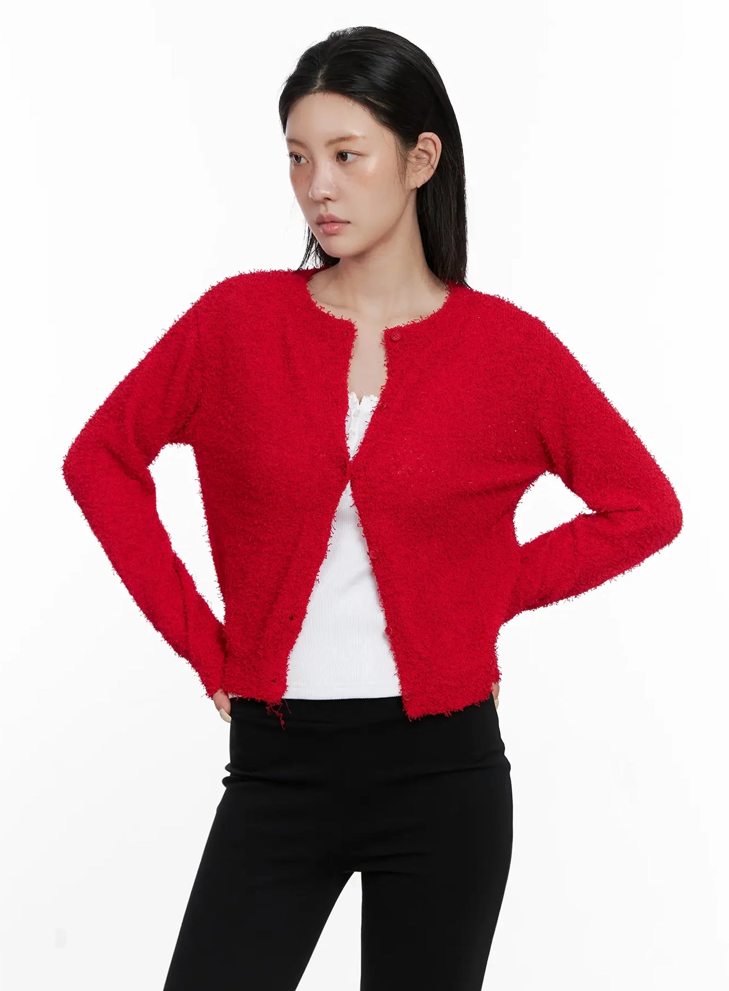 textured-knit-cardigan-is508 / Red