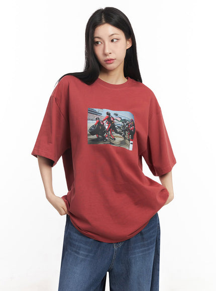 casual-cotton-graphic-oversize-t-shirt-iy529 / Red