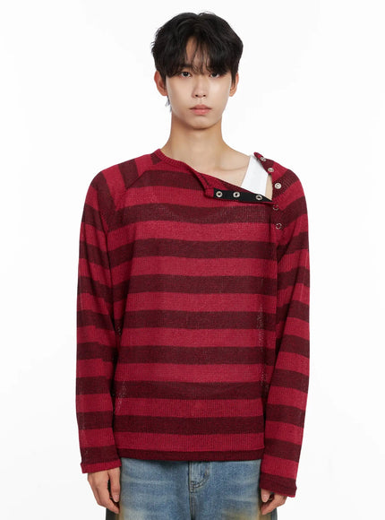 mens-striped-snap-button-long-sleeve-shirt-io516 / Red