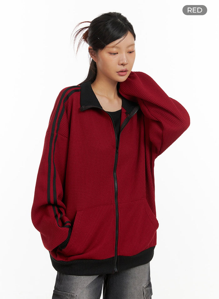 striped-waffle-zip-up-jacket-iy410 / Red