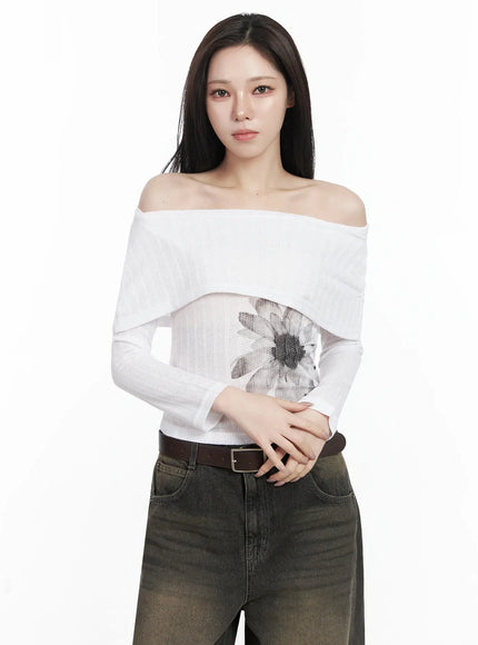 graphic-off-shoulder-long-sleeve-top-ij528 / White