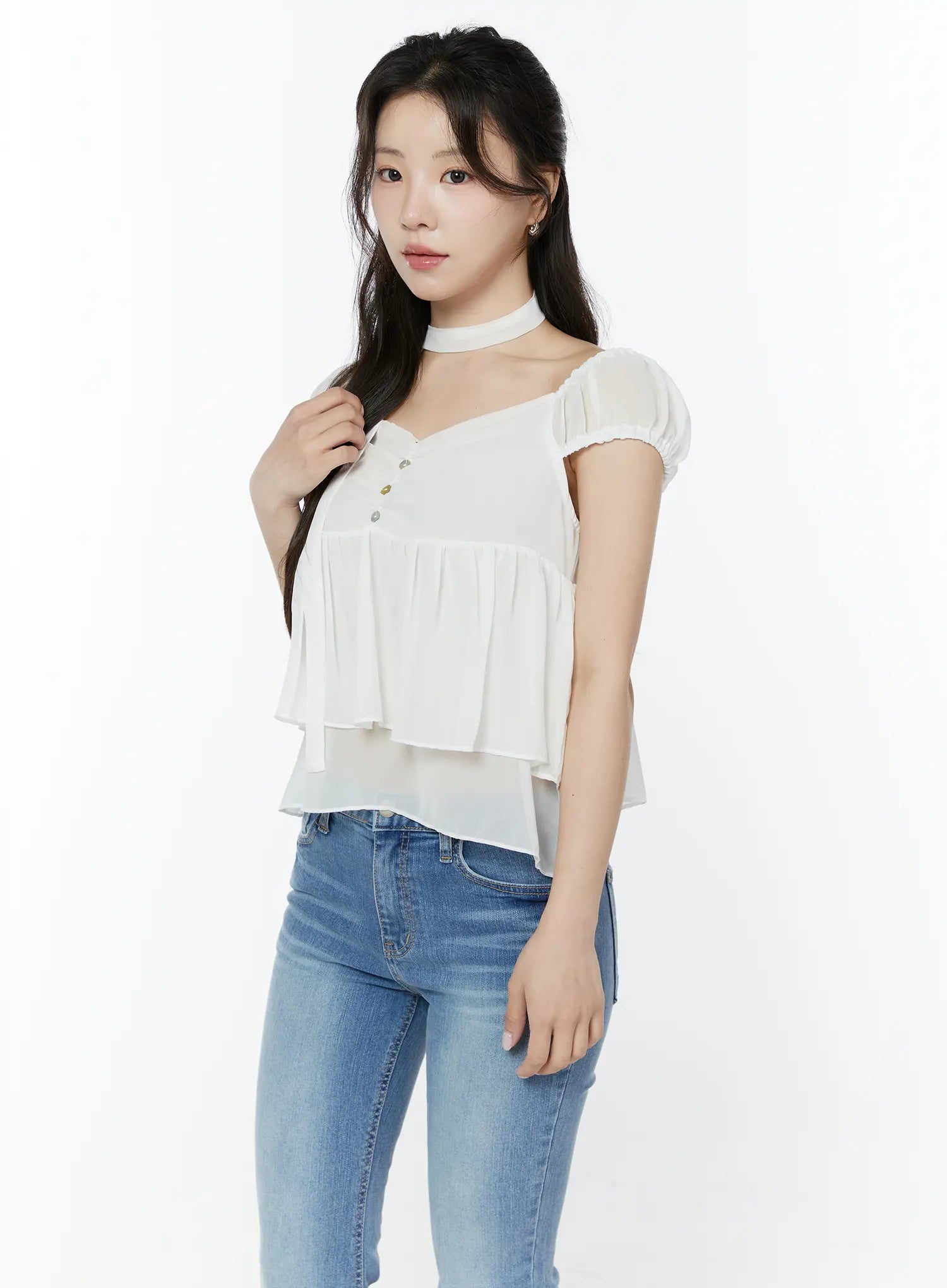 chiffon-layered-blouse-and-skinny-scarf-set-iy511 / White