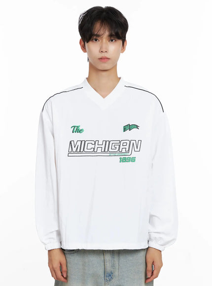 mens-v-neck-lettering-windbreak-pullover-io517 / White