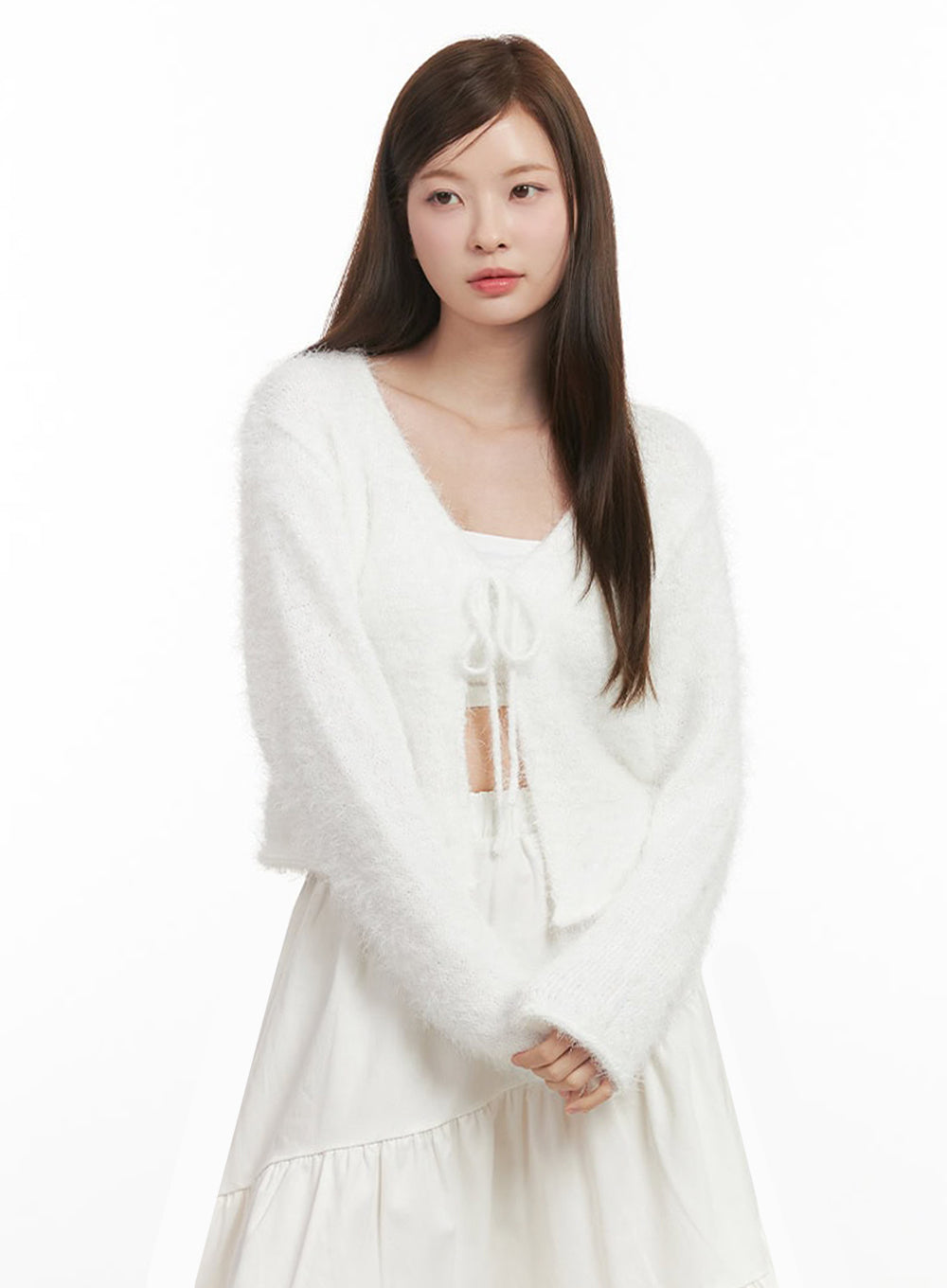 fuzzy-ribbon-tie-cardigan-ij527 / White