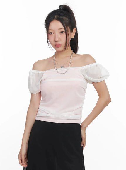 sheer-puff-sleeve-crop-top-iu509 / White