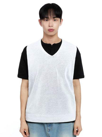 mens-linen-v-neck-knit-vest-ig520 / White