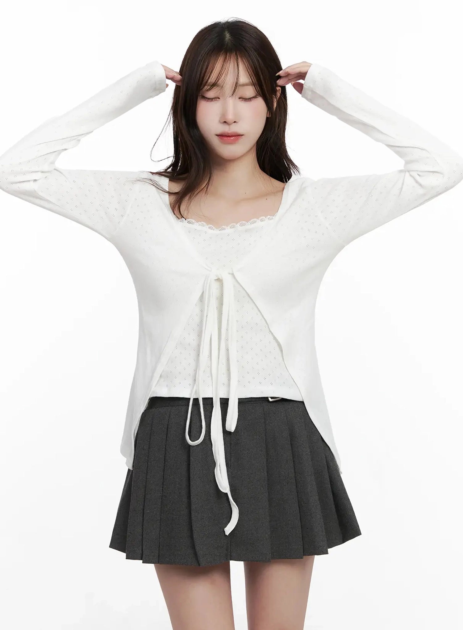 elegant-tie-front-ribbon-cardigan-in514 / White