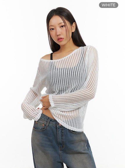 one-shoulder-see-through-knit-top-is402 / White