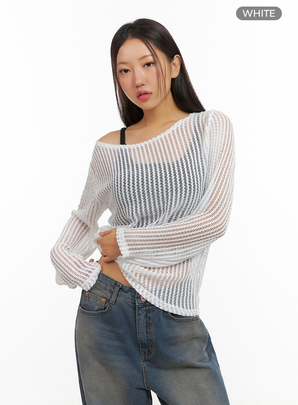 one-shoulder-see-through-knit-top-is402 / White