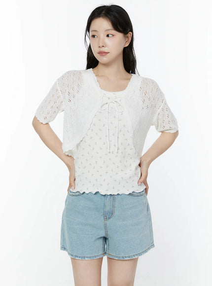 half-sleeve-lace-knit-cardigan-iy507 / White