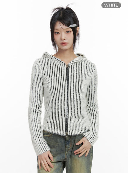 striped-zip-up-hooded-cardigan-io430 / White