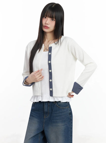 checkered-accent-fleece-cardigan-f517 / White