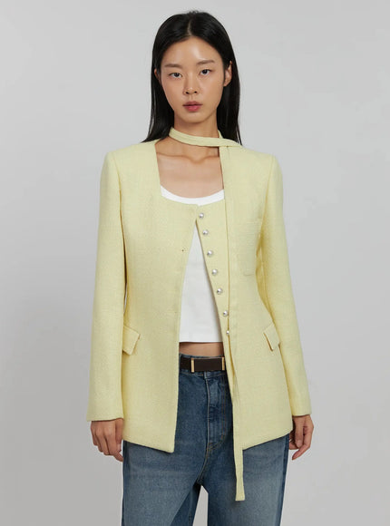 tweed-square-neck-jacket-scarf-set-ij508 / Yellow